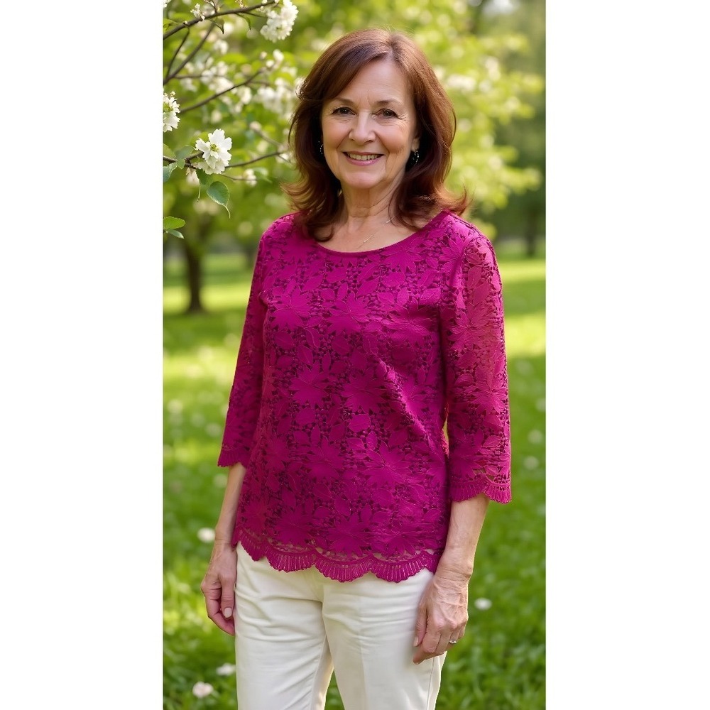 RSVP by Talbots women's Lace Top Magenta Floral 3/4 Sleeve Scalloped Hem Sz L‎